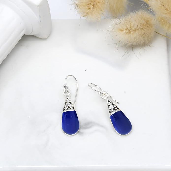 AeraVida Filigree Swirl Teardrop Simulated Blue Lapis-Lazuli Inlay .925 Sterling Silver Dangle Earrings | Classic Sterling Silver Dangle Earrings for Women | For Mother’s Day