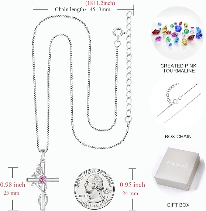 STARCHENIE Butterfly Cross Necklace 925 Sterling Silver Crucifix Pendant Birthstone Jewelry for Women