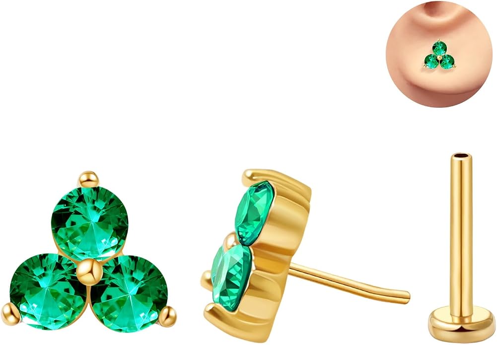 FANSING Cartilage Earring Tragus Stud Trio CZ Stone Flat Back Earring for Helix Conch Threadless Push Pin Labret Stud