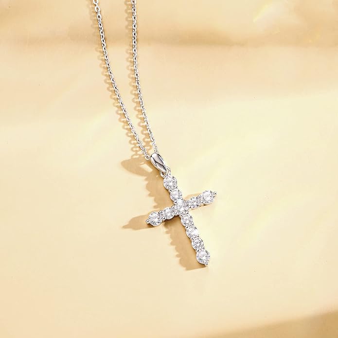 Carleen Cross Necklace For Women Yellow Gold Plated Sterling Silver Cubic Zirconia CZ Simulated Diamond Cross Crucifix Pendant Necklace Jewelry Easter Gift for Women, 18" Silver Chain Nice Gifts Jewelry Box