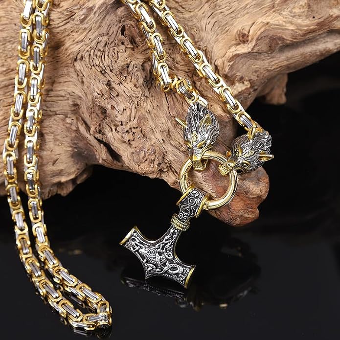 Viking Wolf Head Thor’s Hammer Pendant Necklace – Stainless Steel Norse Amulet Jewelry for Men, Nickel-Free, Gift Box Included