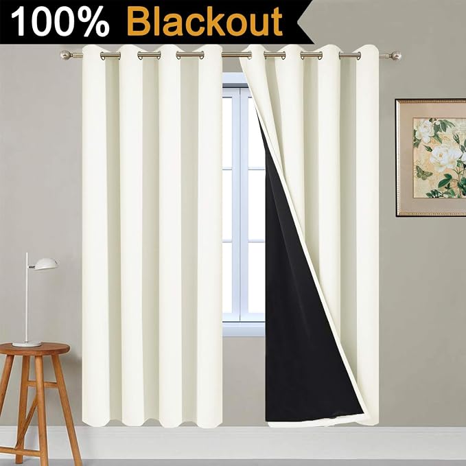 Yakamok Cream 100% Blackout Curtains 72 Inches Long for Bedroom 52" Wide | Blackout Curtain Panels for Bedroom, 2 Thick Layers Grommet Top Thermal Insulated Drapes with Black Liner for Living Room