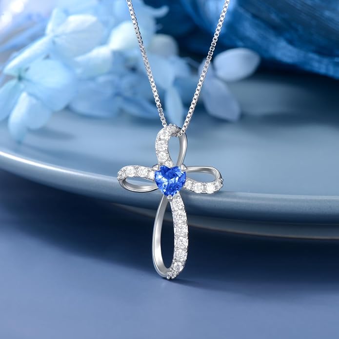AENEAS Sterling Silver Cross Necklace for Women Birthstone Necklace Cross Necklace Birthstone Jewelry Gifts for Birthday Mothers Day