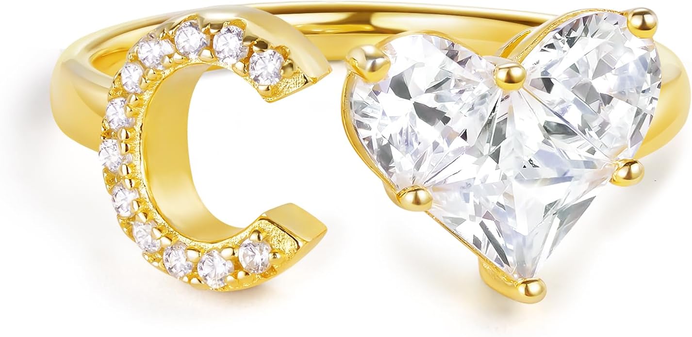 KissYan Sterling Silver Initial Heart Ring for Women, S925 Letter Rings 14K Gold Plated Open Adjustable Dainty Pave CZ Personalized Fashion Trendy Gifts for Mother's Day