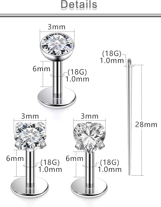 20G 18G 16G F316 Titanium Flat Back Nose Rings Studs Hypoallergenic Screw on Tragus Helix Cartilage Earrings Stud Piercing Jewerly for Women Men Bars 6mm