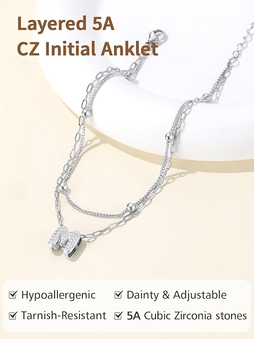 FindChic Silver/14K Gold Plated Layered CZ Initial Ankle Bracelet for Women | Waterproof Stainless Steel, Cubic Zirconia Letter Charm, Non-Tarnish, Hypoallergenic, Adjustable Extender, Summer Jewelry