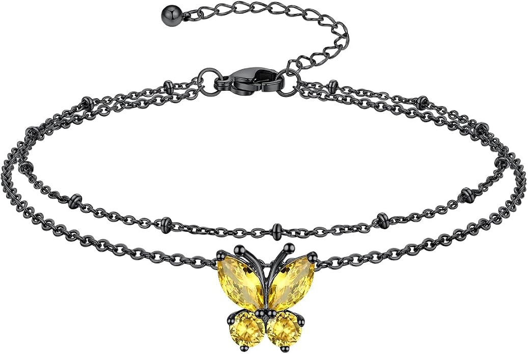 Richsteel Double Layer Heart/Butterfly Birthstone Anklet for Women Non Tarnish Waterproof, Silver/Gold/Black Stainless Steel 8.5-10.5 Inch Adjustable Chain Anklets Jewelry Gifts for Her
