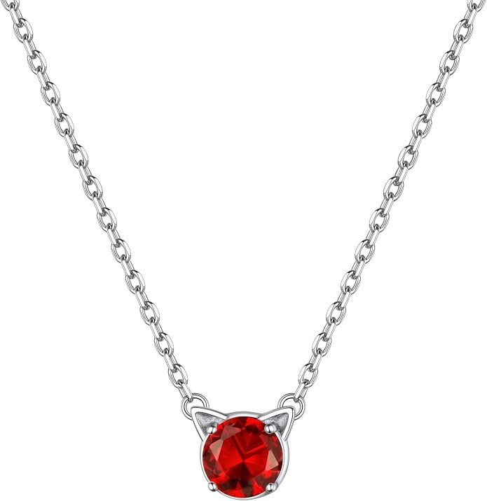 ChicSilver Bow and Cat Birthstone Necklace, 925 Sterling Silver Pendant Necklaces for Women, Hypoallergenic Silver Choker with 16 inch Rolo Chain, 12 Months Jewelry for Valentines Mothers Day Christmas