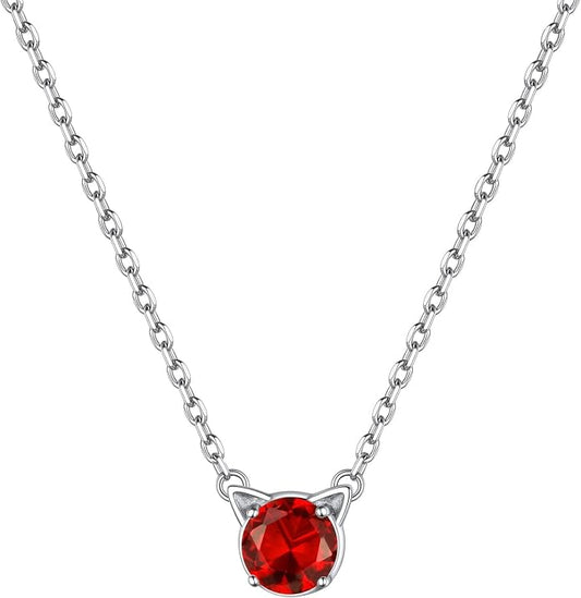 ChicSilver Bow and Cat Birthstone Necklace, 925 Sterling Silver Pendant Necklaces for Women, Hypoallergenic Silver Choker with 16 inch Rolo Chain, 12 Months Jewelry for Valentines Mothers Day Christmas