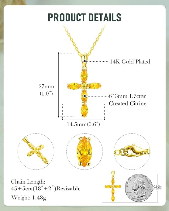 14K Gold Plated 925 Sterling Silver Birthstone Cross Necklace for Women Men