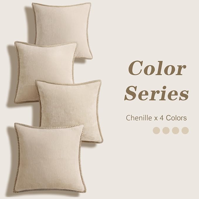 decorUhome Fall Soft Decorative Chenille Throw Pillow Covers 16x16 Set of 4 | Beige Cozy Decorative Modern Farmhouse Neutral Pillow Cases with Stitched Edge for Couch Sofa Bed Living Room Home Decor