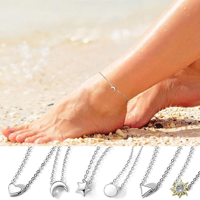 ChicSilver Personalized 925 Sterling Silver Tiny Heart/Moon/Star/Sun/Dot/Triangle Anklets Simple Dainty Foot Jewelry for Women, Silver/Gold Plated/Rose Gold Plated