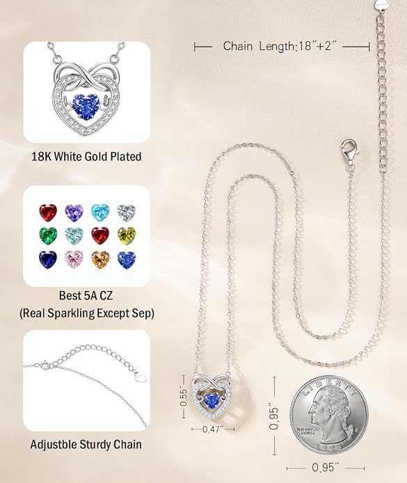 Trendy Dainty Infinity Birthstone Necklace, Dancing Heart 18K White Gold Plated 925 Sterling Silver Heart Necklace, Romantic Love Jewelry Graduation Gifts for Women Her