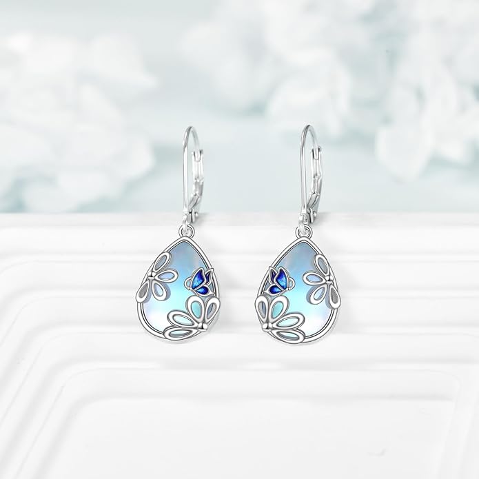 AOBOCO Teardrop Dangle Earrings for Women 925 Sterling Silver Moonstone Flower Filigree Leverback Jewelry Birthday