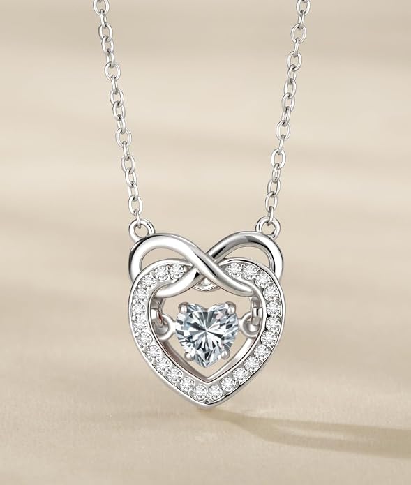 Trendy Dainty Infinity Birthstone Necklace, Dancing Heart 18K White Gold Plated 925 Sterling Silver Heart Necklace, Romantic Love Jewelry Graduation Gifts for Women Her