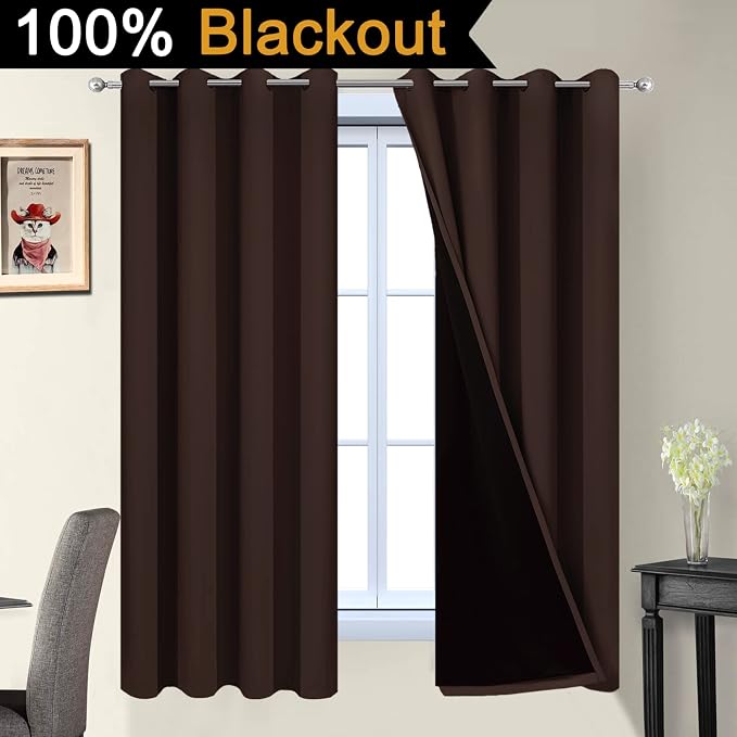 Yakamok Chocolate Brown Blackout Curtains 63 Inches Long 52" Wide, 2 Panels | Blackout Curtain Panels for Bedroom, 2 Thick Layers Grommet Top Thermal Insulated Drapes with Black Liner for Living Room