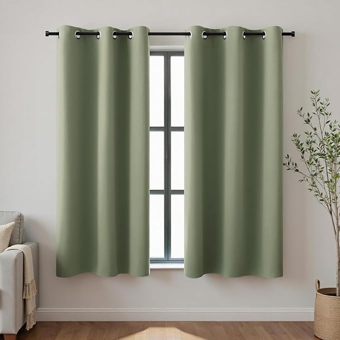 KOUFALL 48 Inch Short Curtains for Bathroom Small Windows, Thermal Insulated Light Blocking Blackout Curtains for Kitchen Bedroom, Dark Sage Green