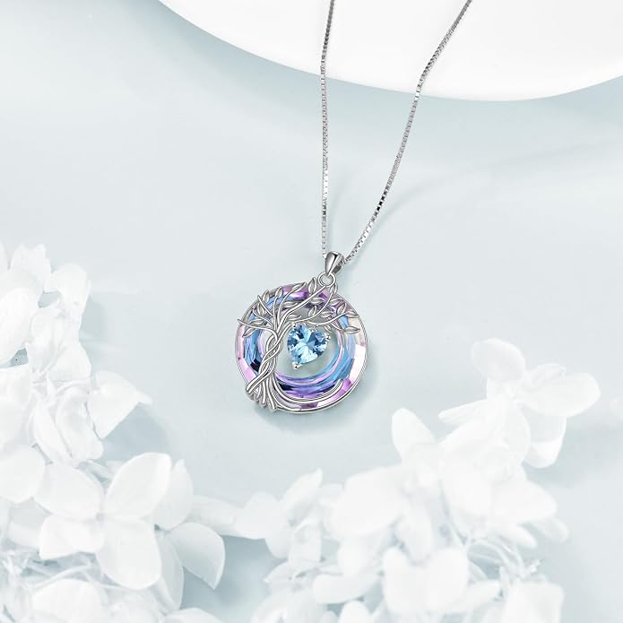 POPLYKE Mothers Day Gifts for Mom Her Wife Tree of Life Necklace 925 Sterling Silver Birthstone Pendant with Crystal Anniversary Birthday Wedding Jewelry for Women