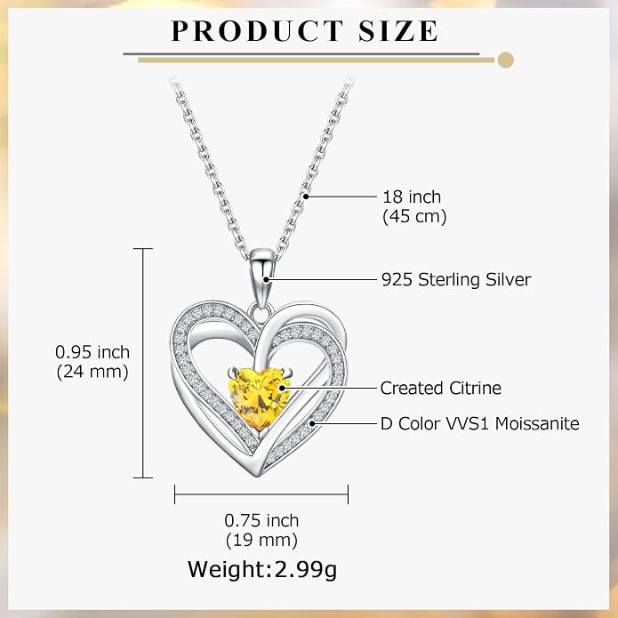 Anniversary Charm Necklace, Sterling Silver 14K Gold Plated Chain with Interlocking Heart Pendant Elegant Birthstone Necklaces for Women, Length 18"