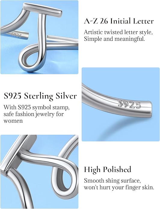 SILVERCUTE S925 Initial Rings, Adjustable Size 6-12 Statement Alphabet Letter A-Z Jewelry Personalized Twisted Initials Rings Sterling Silver Stacking Ring for Women