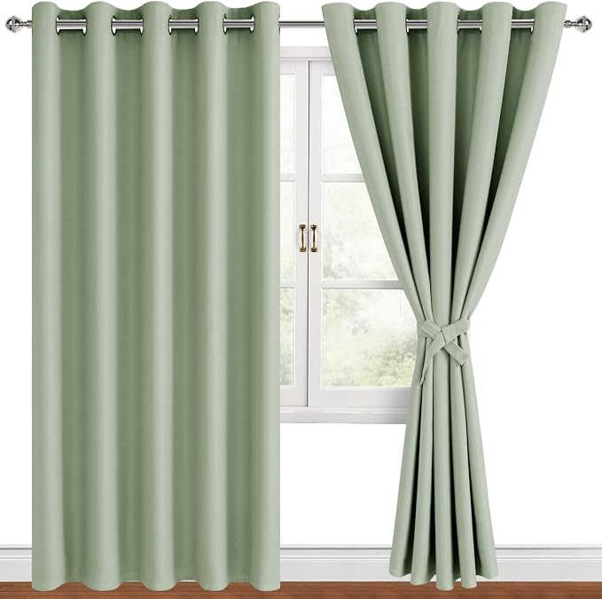 Hiasan Blackout Curtains for Bedroom, 60 x 84 Inches Long - Thermal Insulated & Light Blocking Window Curtains for Living Room/Kids Room, 2 Drape Panels Sewn with Tiebacks, Seafoam Green