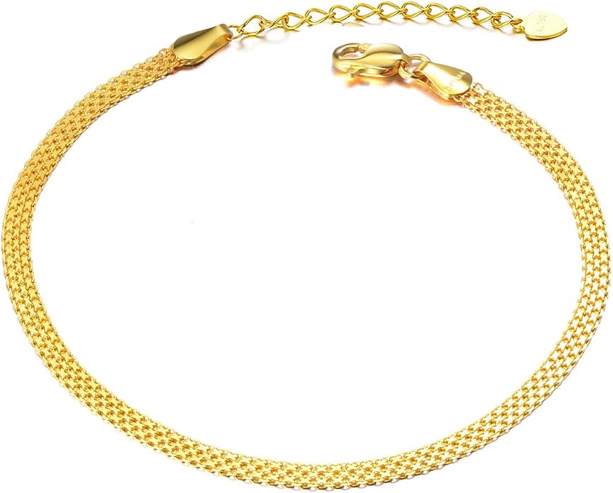 SISGEM 18k Gold Mesh-Link Chain Anklets for Women, Ankle Jewelry Bracelets Gifts for Her (2.9 mm, 8.0-9.3 Inch)
