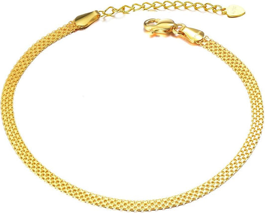 SISGEM 18k Gold Mesh-Link Chain Anklets for Women, Ankle Jewelry Bracelets Gifts for Her (2.9 mm, 8.0-9.3 Inch)