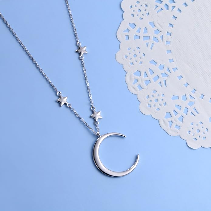 Ladytree 925 Sterling Silver Jewelry Crescent Moon and Star Pendant Necklace