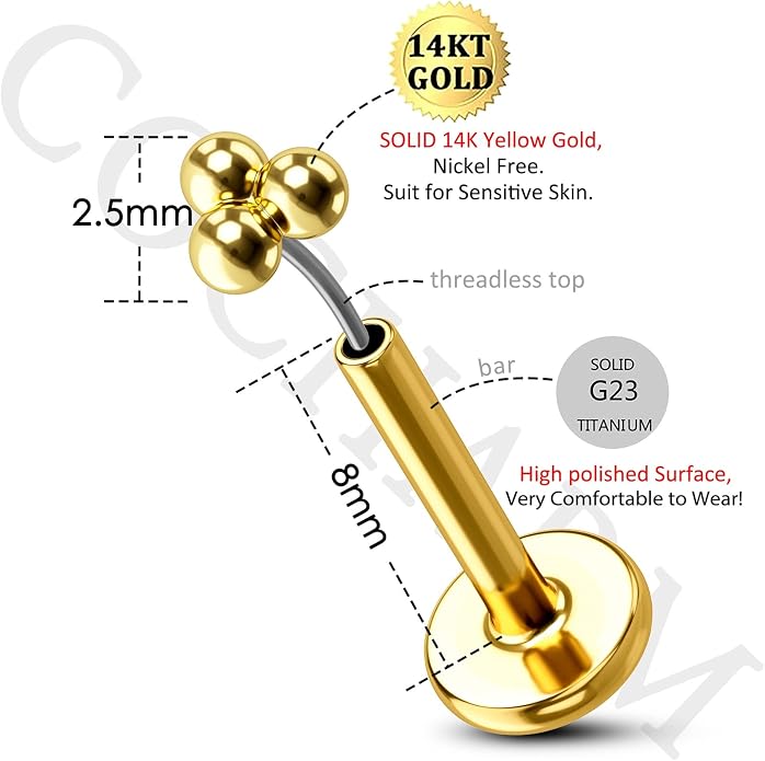 Cocharm 14K Gold Triple Ball Threadless Tragus Earrings 16g Push in Flat Back Helix Piercing