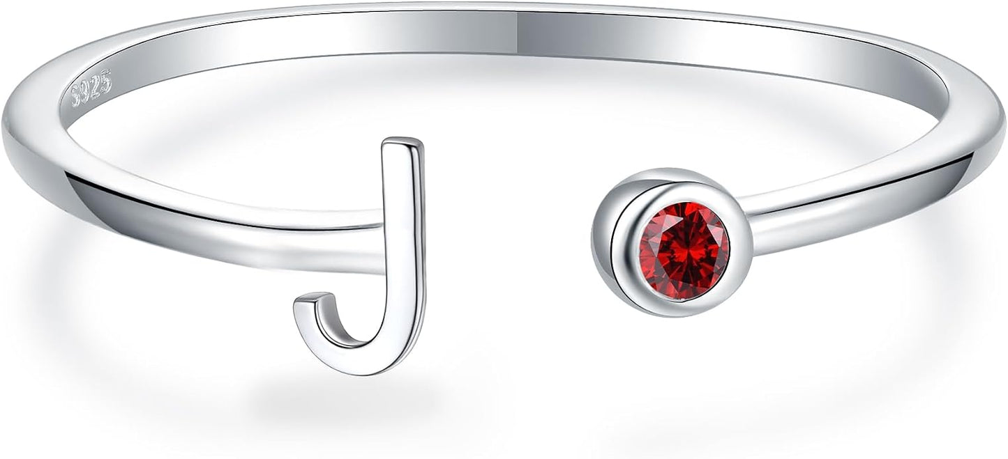925 Sterling Silver Initial Letter Birthstone Rings for Women Adjustable 1-12 Month Birthstone Alphabet Stacking Ring for Teens Girls Stackable Birthstone Rings Birthday Jewelry Gift for Daughter Mom