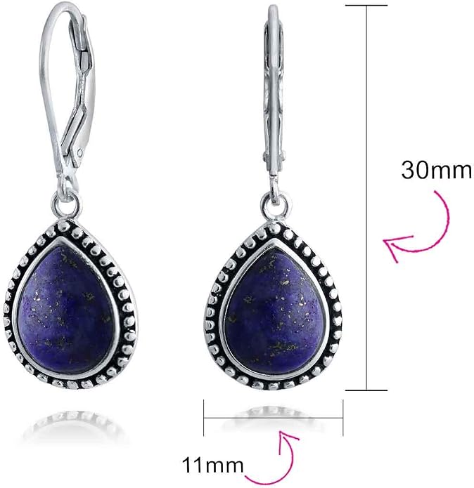 Bling Jewelry Boho Western Style Milgrain Setting Semi Precious Gemstones Lapis Turquoise Jade Onyx Quartz Pear Shaped Teardrop Lever Back Dangle Drop Earrings Teen Oxidized .925 Sterling Silver