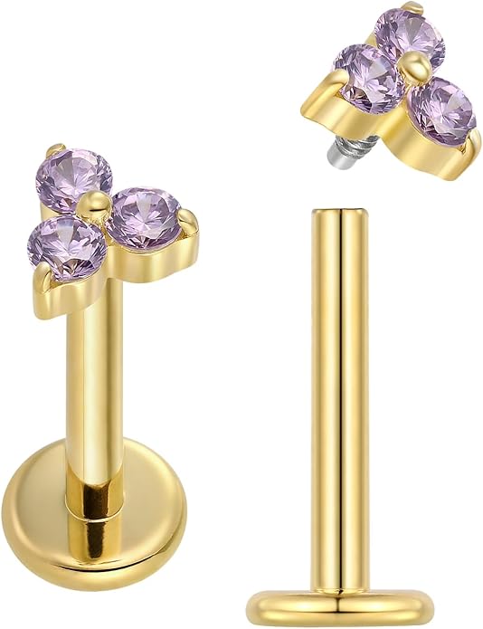 2PCS Titanium Internally Threaded Gem Labret | 16G Flat Back CZ Crystal Stud Earrings | Tragus Helix Cartilage Conch Lip Monroe | Implant Grade Body Piercing Jewelry