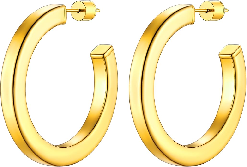 Stainless Steel Chunky Hoop Earrings For Women, Minimalist and Chic, Black/Gold Plated, Round Hoops Earrings Hypoallergenic, Size: 30mm/40mm/60mm/80mm, Come with Box