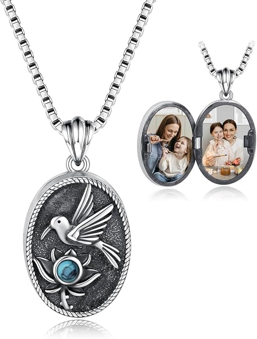 925 Sterling Silver Oval Turquoise Lockets Pendant that Holds Pictures Vintage Jewelry Memorial Gifts for Women