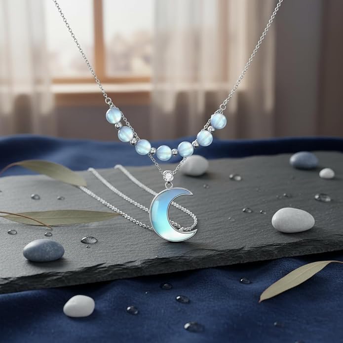 Dainty Moonstone Moon Simple 925 Sterling Silver Pendant Necklace for Women, Jewelry for Women Mother, Birthday Gift, with 18+2inch