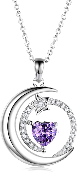 S925 Sterling Silver Birthstone Pendant Necklace Moon Star Necklace Jewelry Gift for Women Anniversary Valentine's day
