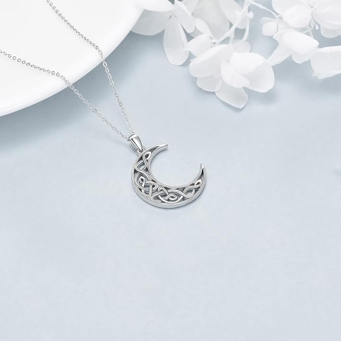 Celtic Moon Necklace for Women 925 Sterling Silver Wiccan Jewelry for Women Cross Triple Moon Viking Jewelry for Men