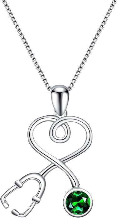 AOBOCO Stethoscope Necklace 925 Sterling Silver Embellished with 12 Months Birthstone Crystals from Austria, Graduation Gifts Medical Jewelry for Doctor Nurse Medical Student RN