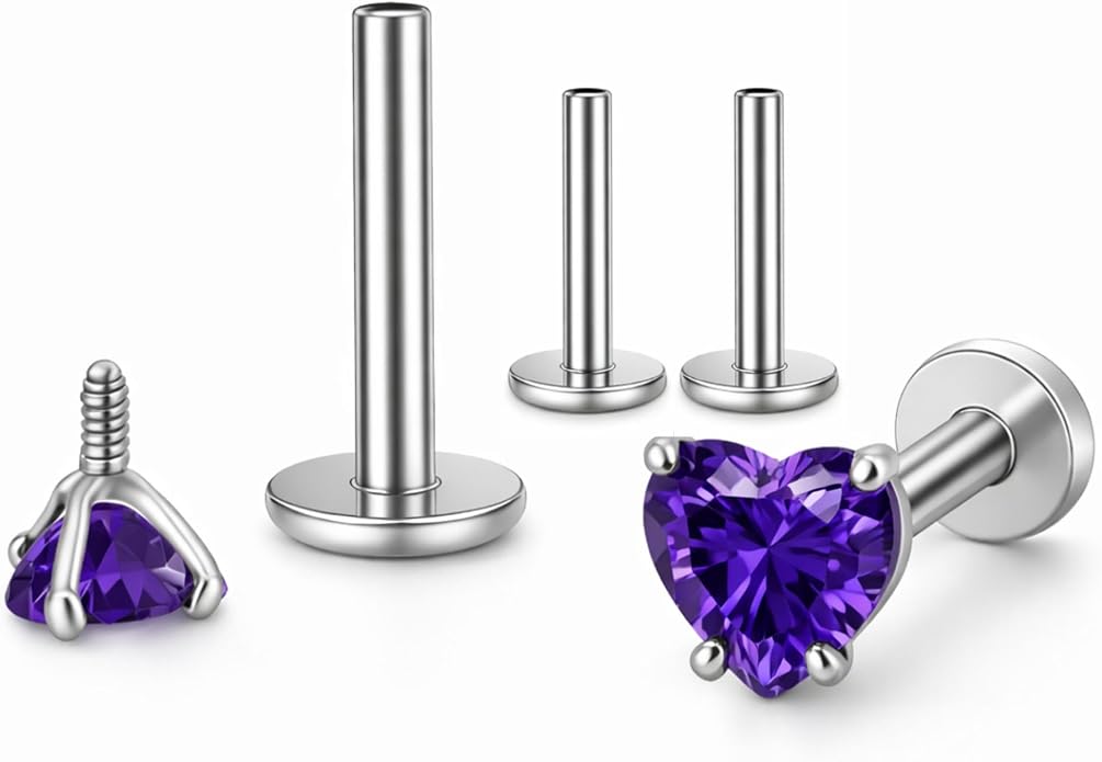 Titanium Heart CZ Labret Stud Earrings for Piercings by Ginger Lyne 6Pc Set G23 Screw Front Flat Back Body Jewelry 2 pair post 6mm, 8mm Cartilage, Helix, Tragus, Lip, Conch, Lobe