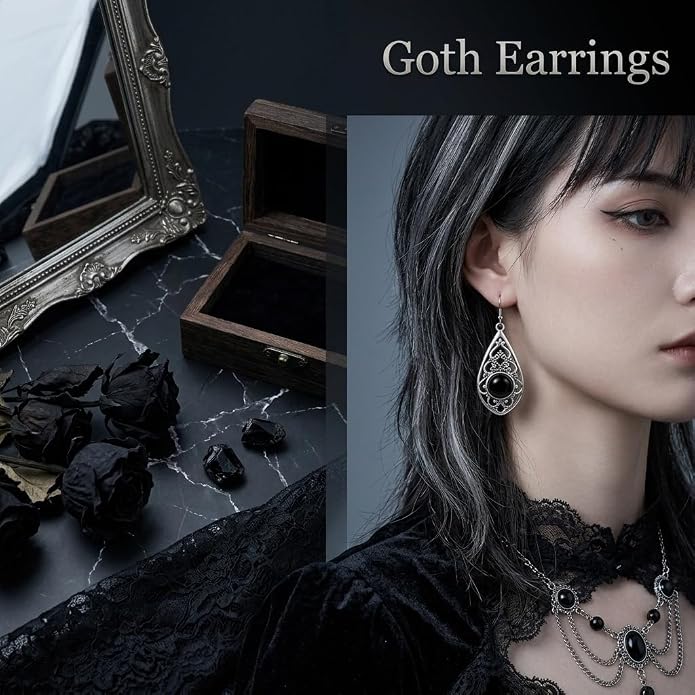 Gothic Vintage Dangle Earrings for Women 18K White Gold Plated Black Agate Teardrop Drop Earrings, Retro Jewelry for Wedding, Party, and Halloween Gifts