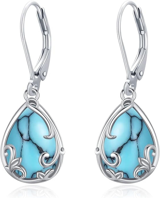 Dangle Earrings Sterling Silver Moonstone/Turquoise/CZ/Crystal Earrings for Women Tree of Life Animal Filigree Leverback Earrings Jewelry Gifts
