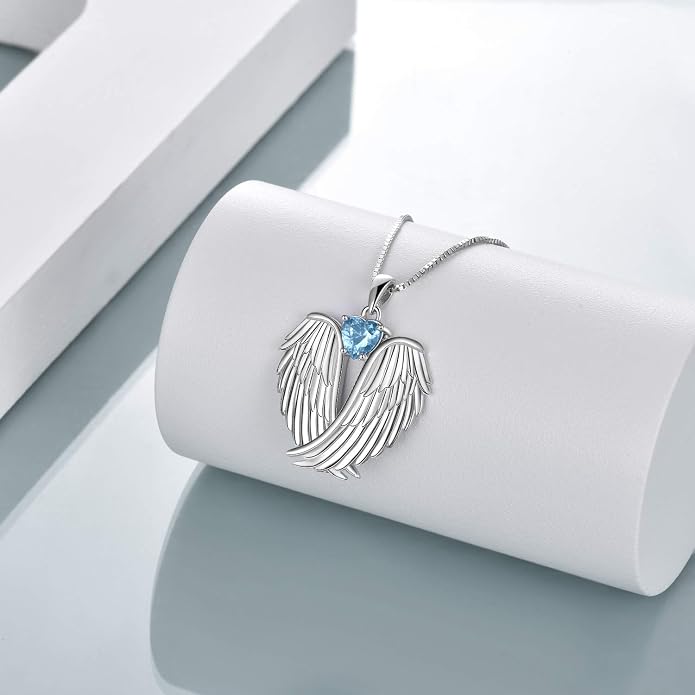 YFN Angel Wings Necklace 925 Sterling Silver Guardian Angel Wings Pendant Necklace Birthstone Necklace for Women Girls Christmas Jewelry Gifts