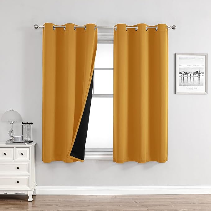 ChrisDowa 100% Blackout Curtains for Bedroom 45 Inches Long 2 Panels Set | 2 Thick Layers Total Light Blocking Thermal Insulated Grommet Window Curtains for Living Room, Mustard Yellow, 42 x 45 Inch