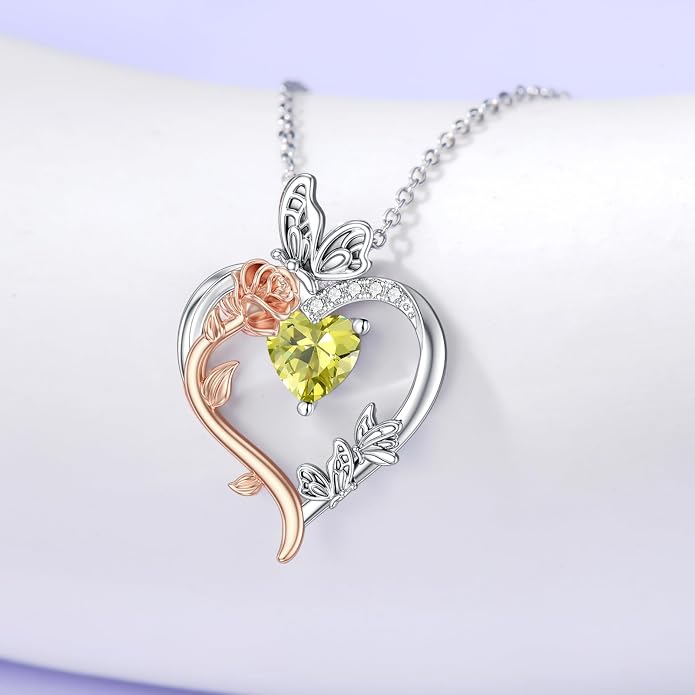 TOUPOP Rose Heart Birthstone Necklace 925 Sterling Silver Heart Butterfly Pendant Love Jewelry Birthday Gifts for Women Wife Mom Her