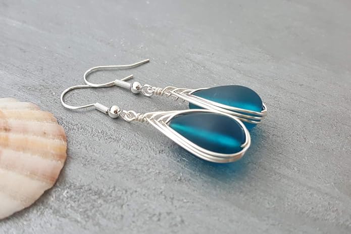 Handmade Sea Glass Earrings, Hawaiian Jewelry, Wire Braided Earrings Teardrop Earrings, Beach Jewelry Sea Glass Jewelry For Women Birthday Gift