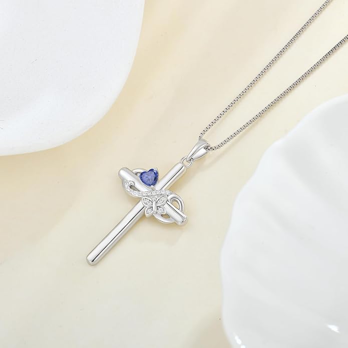 Infinity Butterfly Cross Necklace for Women 925 Sterling Silver Christian Religious Crucifix Pendant Birthstone Jewelry Gifts for Her