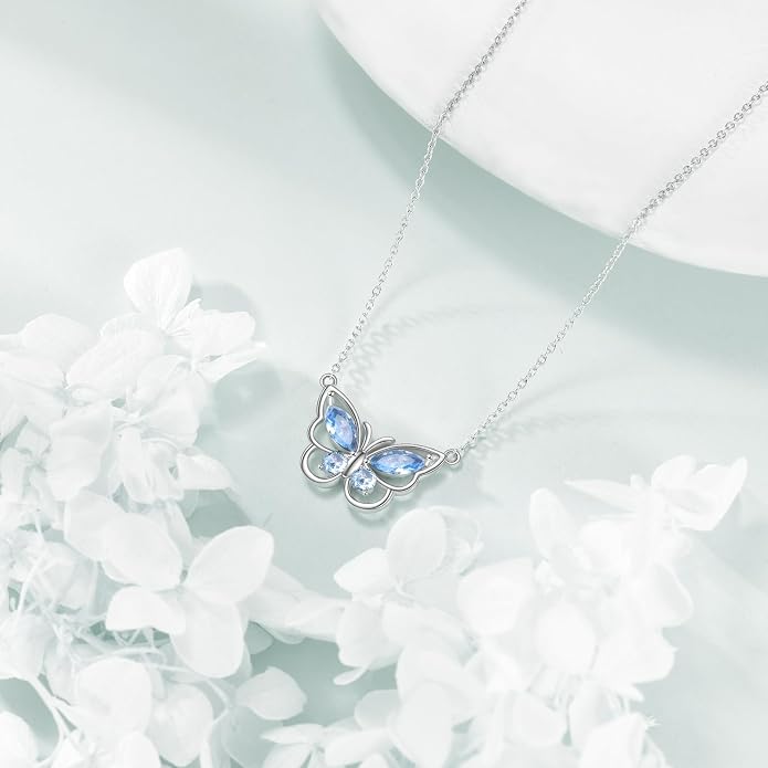Butterfly Necklace for Women 925 Sterling Silver Crystal Butterfly Pendant Birthstone Amethyst Jewelry Gift