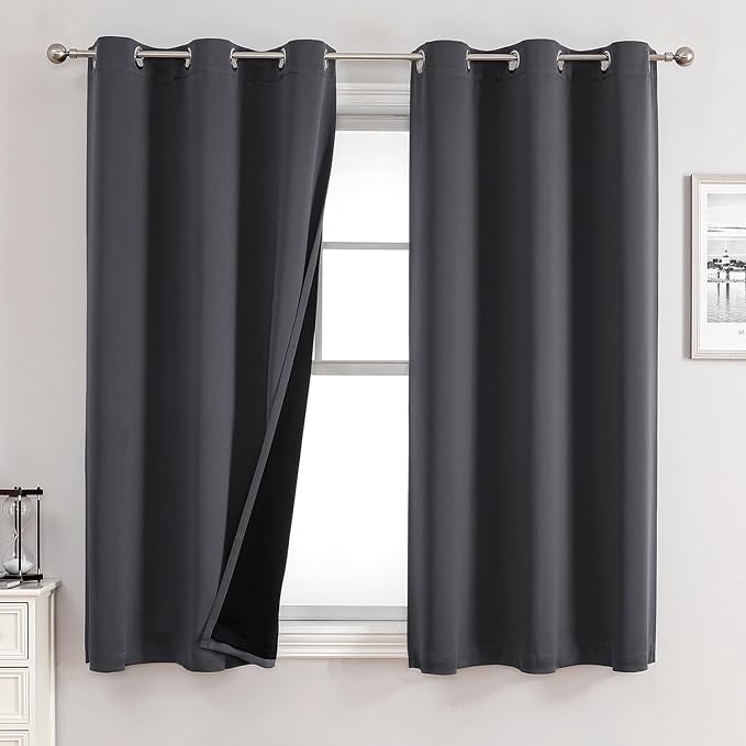 ChrisDowa 100% Blackout Curtains for Bedroom 63 Inches Long 2 Panels Set | 2 Thick Layers, Thermal Insulated, Light Blocking, Grommet, Window Treatment, Living Room Drapes, Dark Grey, 38 x 63 Inch