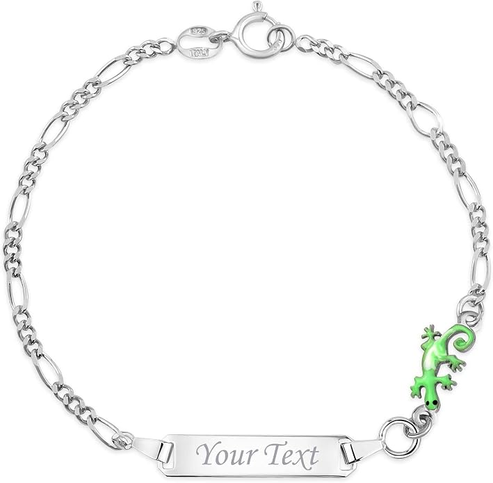 UNICORNJ 925 Italy Sterling Silver Child or Baby Name Bracelet Girls Boys, Personalized Engraved Kids ID Bracelets, 6.5" Figaro Chain, Enamel Charm Newborn Infant Toddler Kid Jewelry