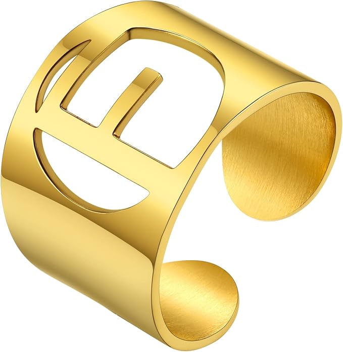 KeyStyle Bold Initial Letter Rings Adjustable, GoldChic Jewelry Women Gold Statement Ring Personalized Engraved Women’s Open Signet Ring for Party (Gold, White Gold, Black)